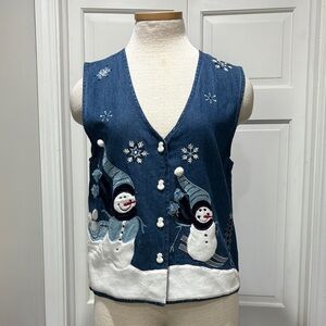 Tantrums sz S denim embroidered snowman winter novelty vest